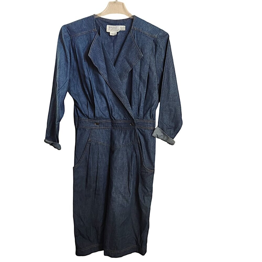 Vintage Denim Jean Dress Sz 10/12 Western Faux Wrap Front Dark Wash Long Sleeve